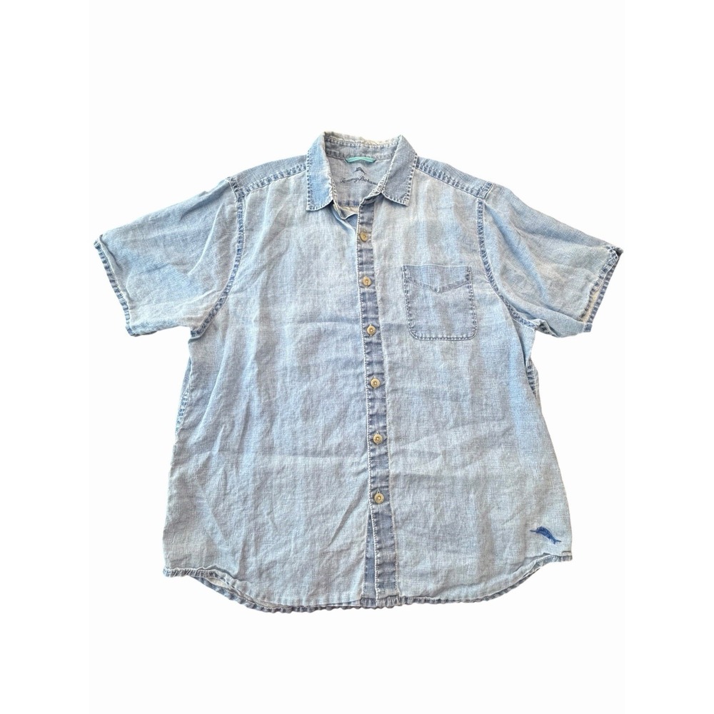 Tommy Bahama Shirt Men's Large Blue 100% Linen Denim Look Button Down NNN18-3